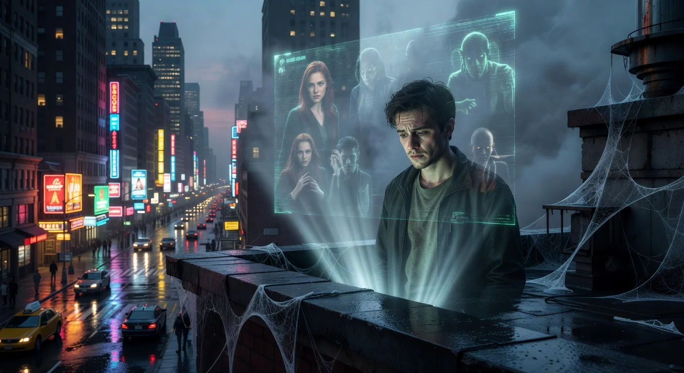 Realistic illustration of Peter Parker as Spider-Man pondering a mysterious past on a rainy NYC rooftop, for Spider-Man: Brand New Day news.