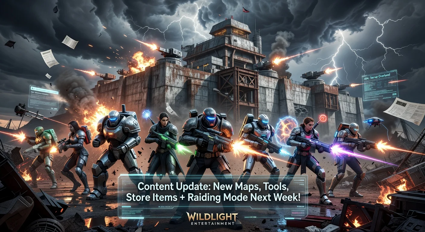 Illustration of Highguard heroes raiding an enemy base, overlaid with content update patch notes teasing new mode amid developer challenges.