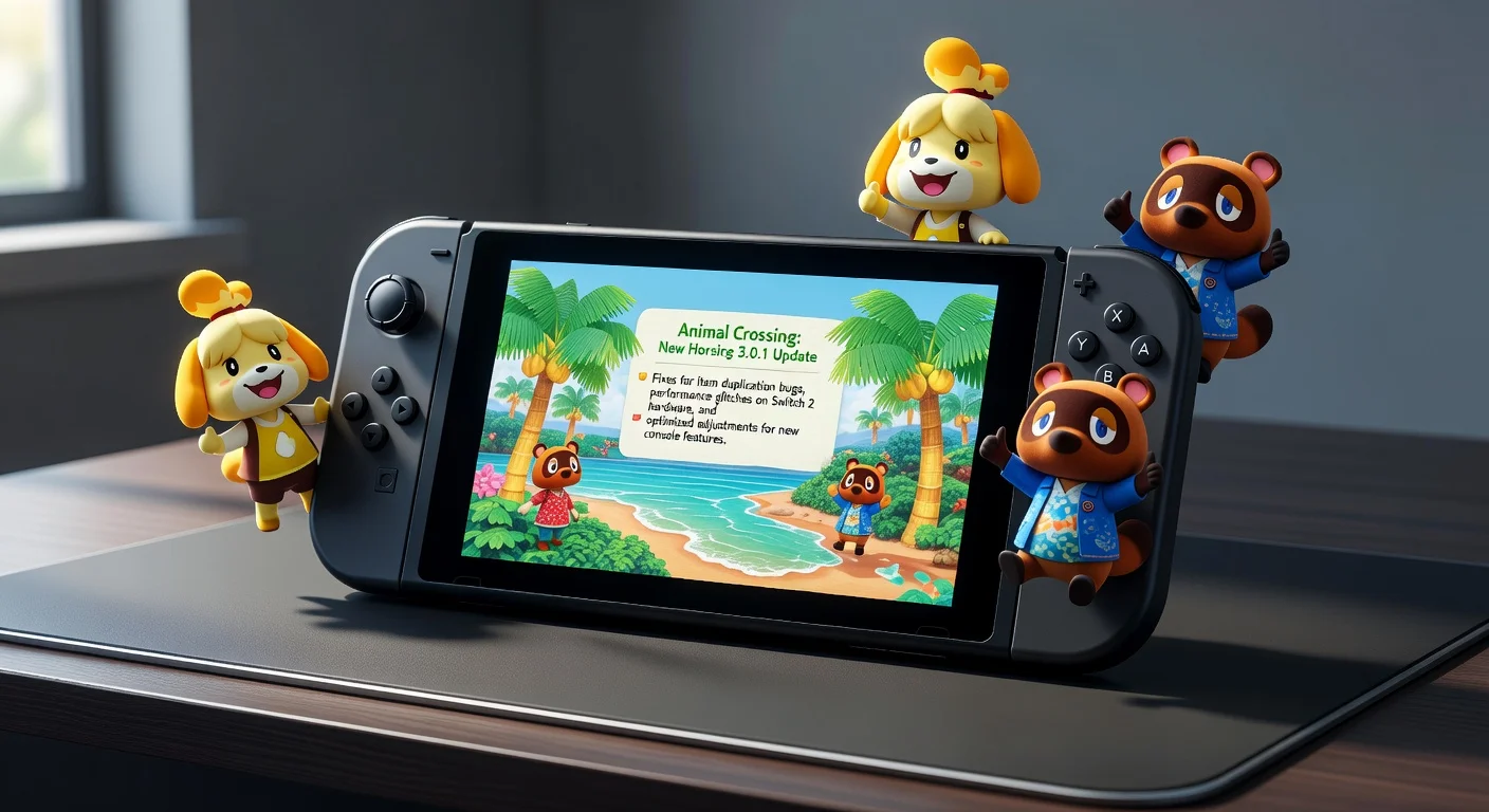 Nintendo Switch displaying Animal Crossing: New Horizons 3.0.1 bug-fix patch, with cheerful villagers celebrating.