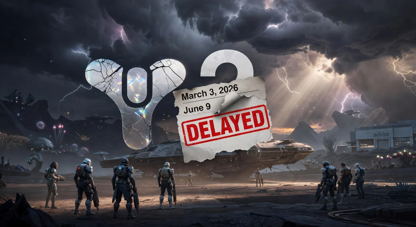Realistic illustration of Destiny 2 update delay to June 2026, showing cracked logo, altered calendar, and dejected Guardians on stormy alien world.