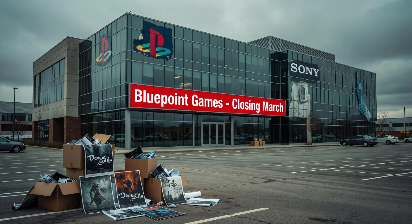 Realistic depiction of Bluepoint Games studio closure, showing office exterior with closure sign, packed boxes, and somber atmosphere.