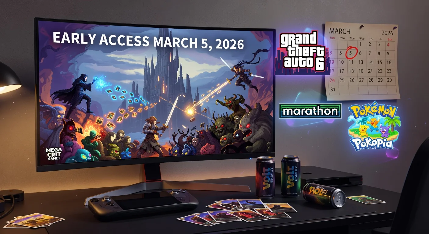 Realistic gaming setup illustrating Slay the Spire 2's Steam Early Access launch on March 5, 2026, amid major title releases.