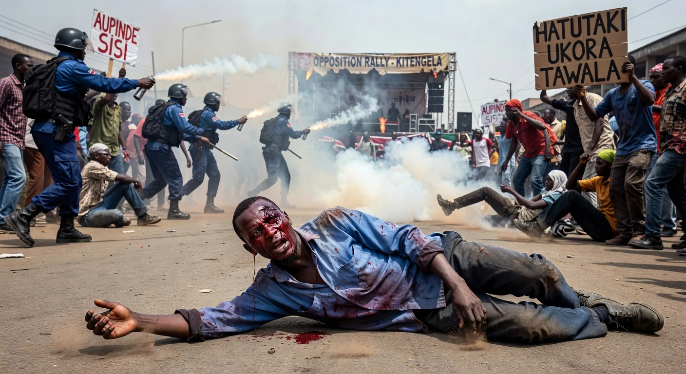 Dramatic illustration of Vincent Ayomo shot in the eye amid violent Kitengela opposition rally with police teargas and fleeing protesters.