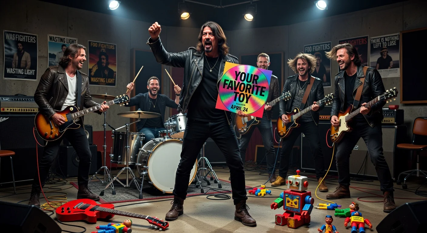 Foo Fighters band in studio celebrating announcement of 12th album 'Your Favorite Toy' with new drummer Ilan Rubin.