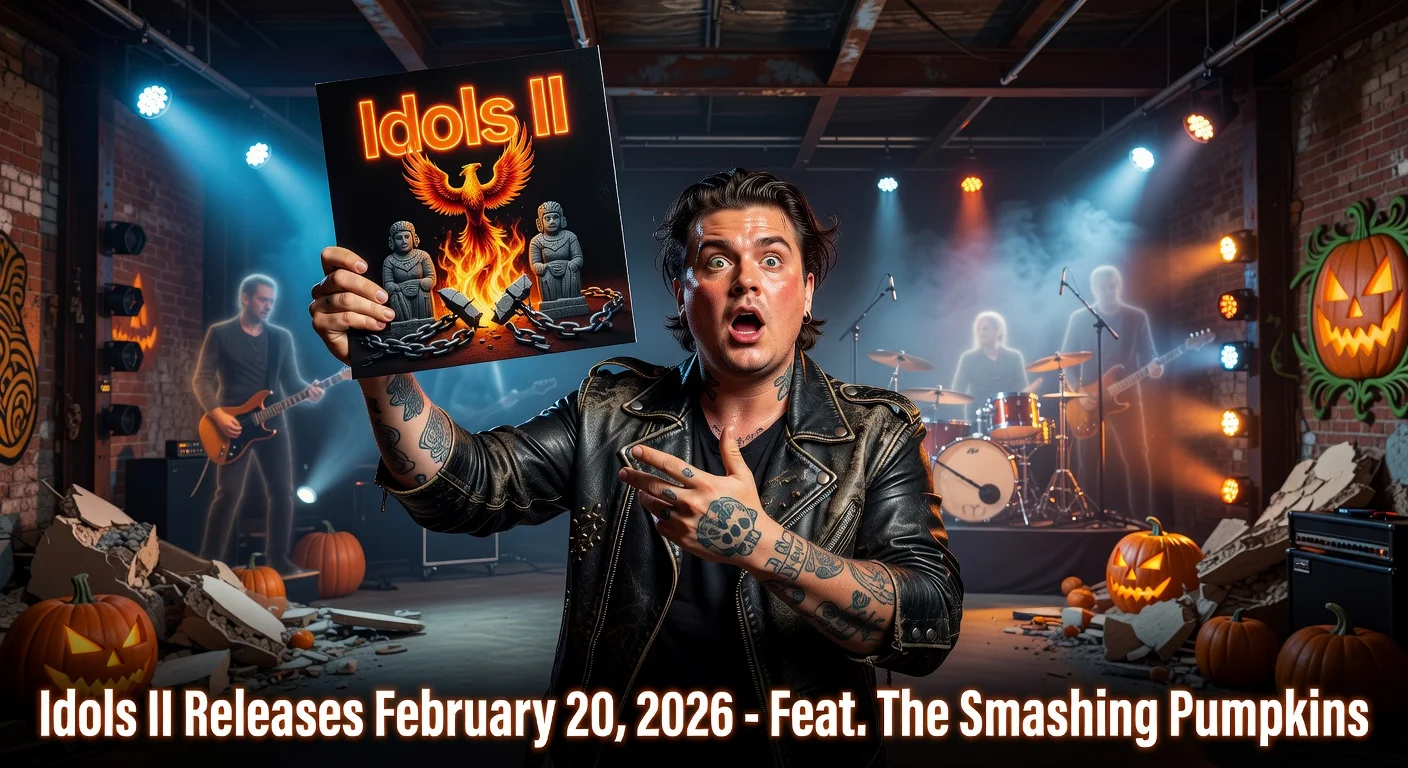 Photorealistic illustration of Yungblud promoting his upcoming album 'Idols II' with themes of renewal and a Smashing Pumpkins collaboration.