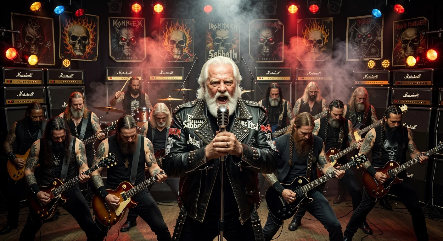 William Shatner, aged 94, announces heavy metal album with icons from Black Sabbath, Judas Priest, and Iron Maiden, surrounded by metal musicians in a studio.