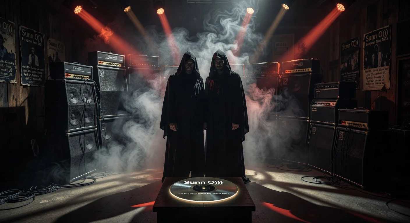 Sunn O))) duo in foggy studio with massive amps, promoting new song 'Butch’s Guns' and European tour dates.