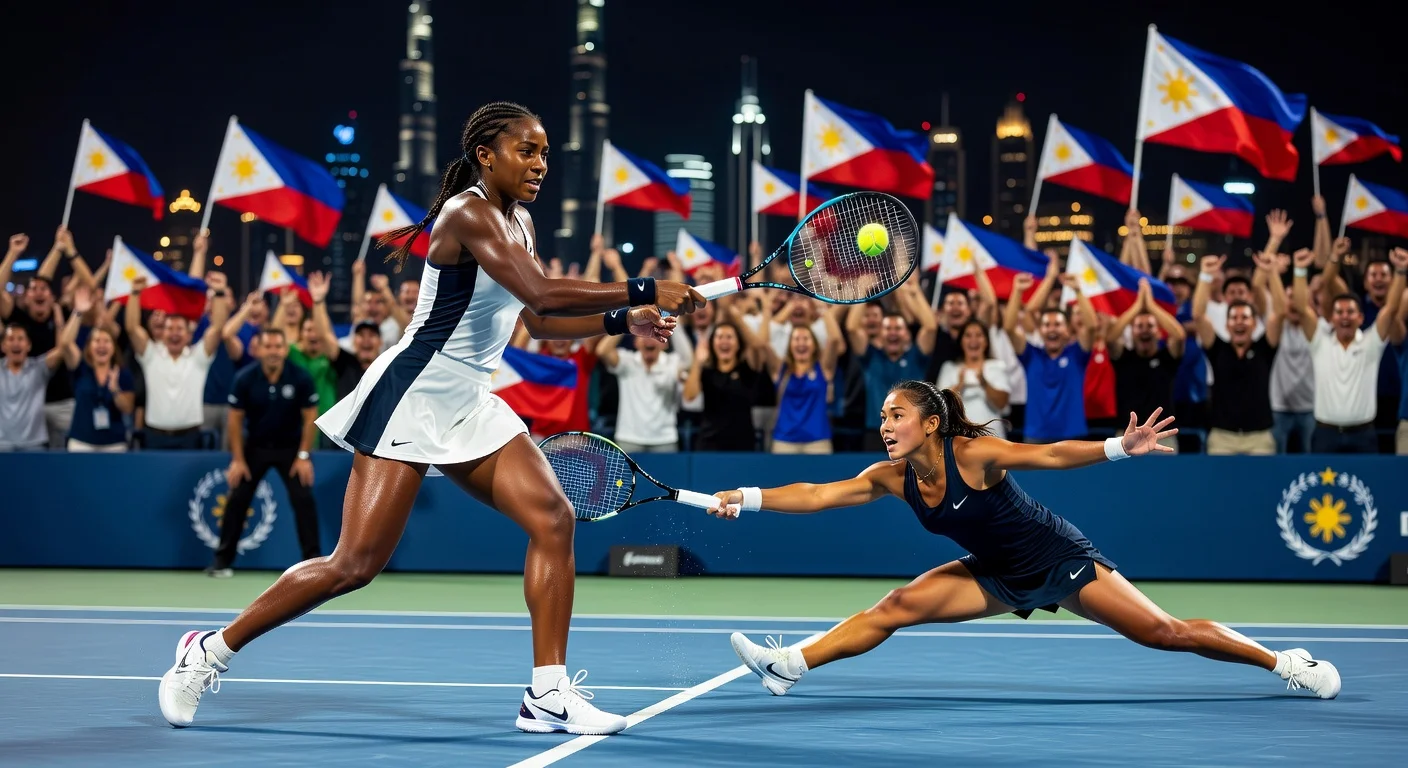 Coco Gauff hits a dominant forehand winner against Alexandra Eala in Dubai quarterfinals, amid passionate Filipino fans.