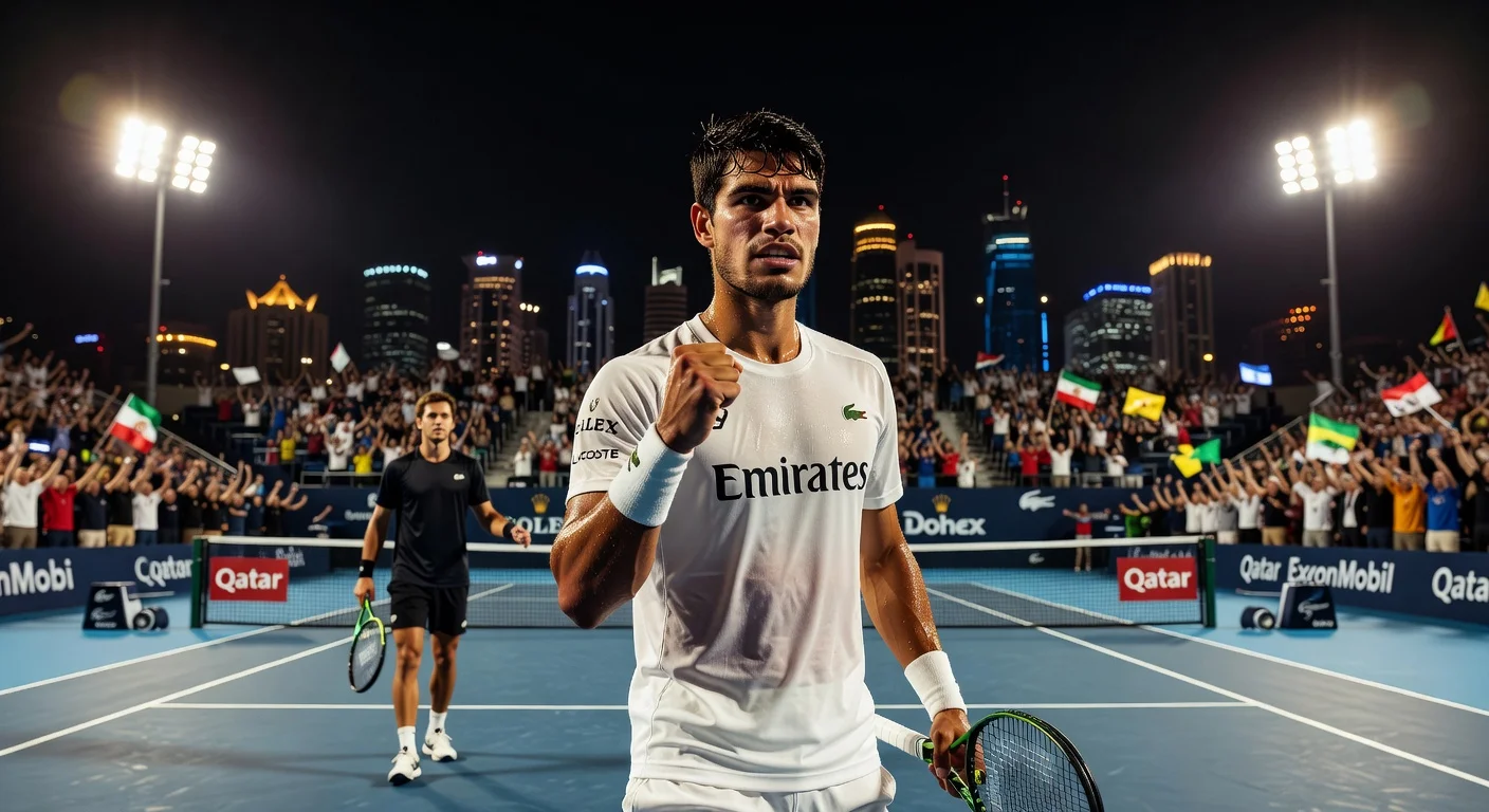 Carlos Alcaraz celebrates advancing to Doha semifinals after defeating Khachanov.