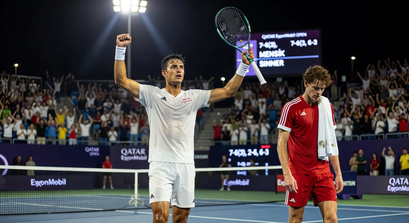 Jakub Mensik celebrates stunning upset victory over Jannik Sinner in Qatar Open quarterfinals.