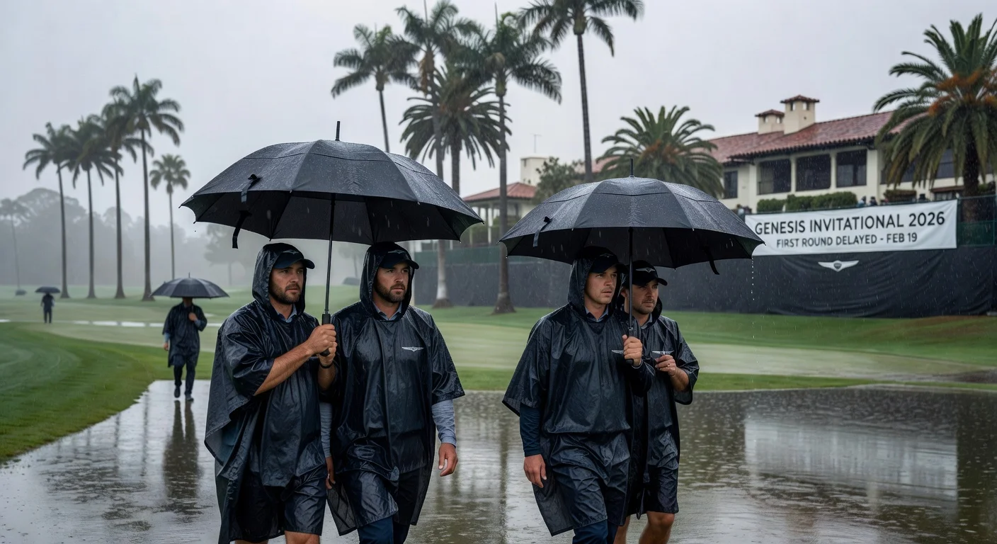 Golfers including Scottie Scheffler and Rory McIlroy endure rain delay during first round of 2026 Genesis Invitational at Riviera Country Club.