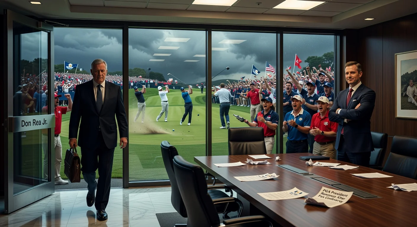 Dramatic illustration of PGA President Don Rea Jr. exiting boardroom amid Ryder Cup fan controversy at Bethpage Black.
