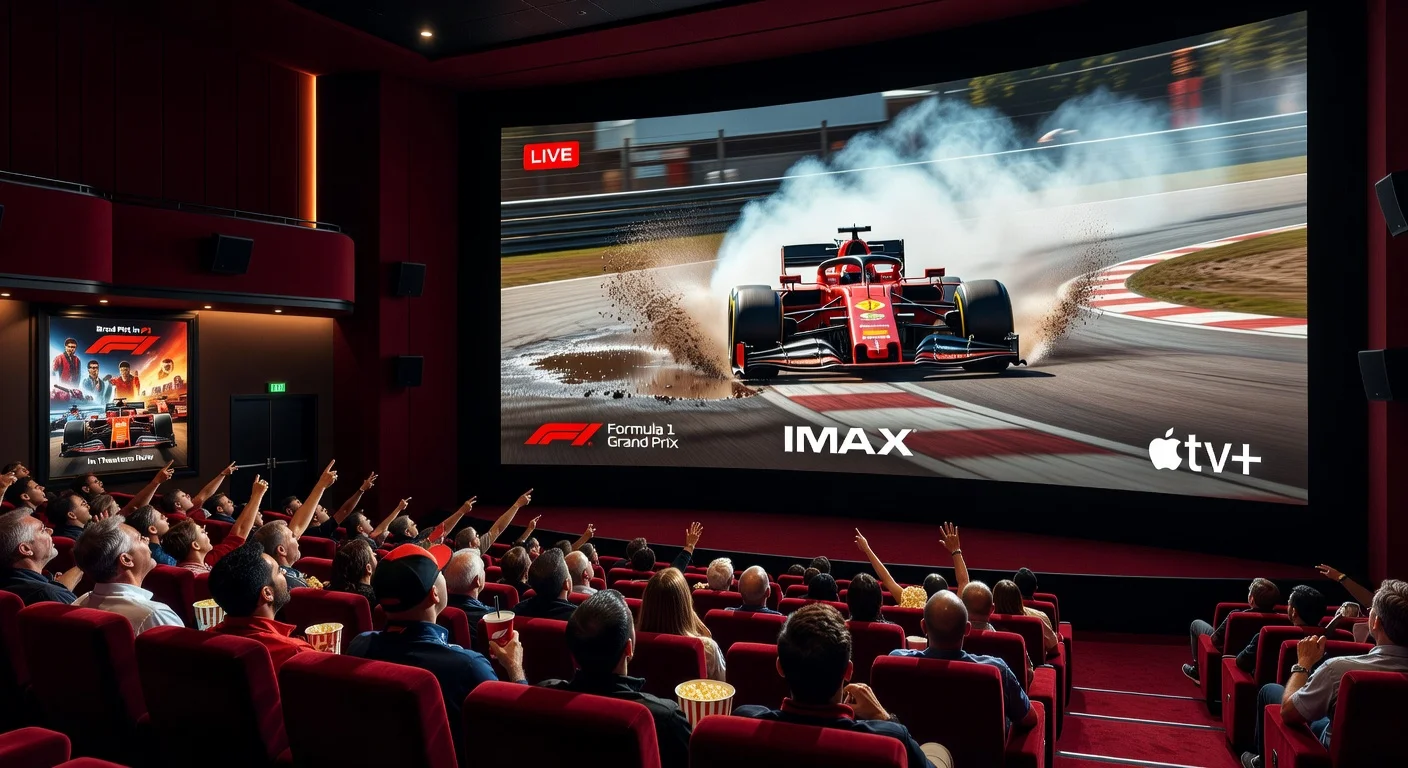 IMAX theater screening live Formula 1 race with Apple TV partnership, excited audience watching high-speed action on giant screen.