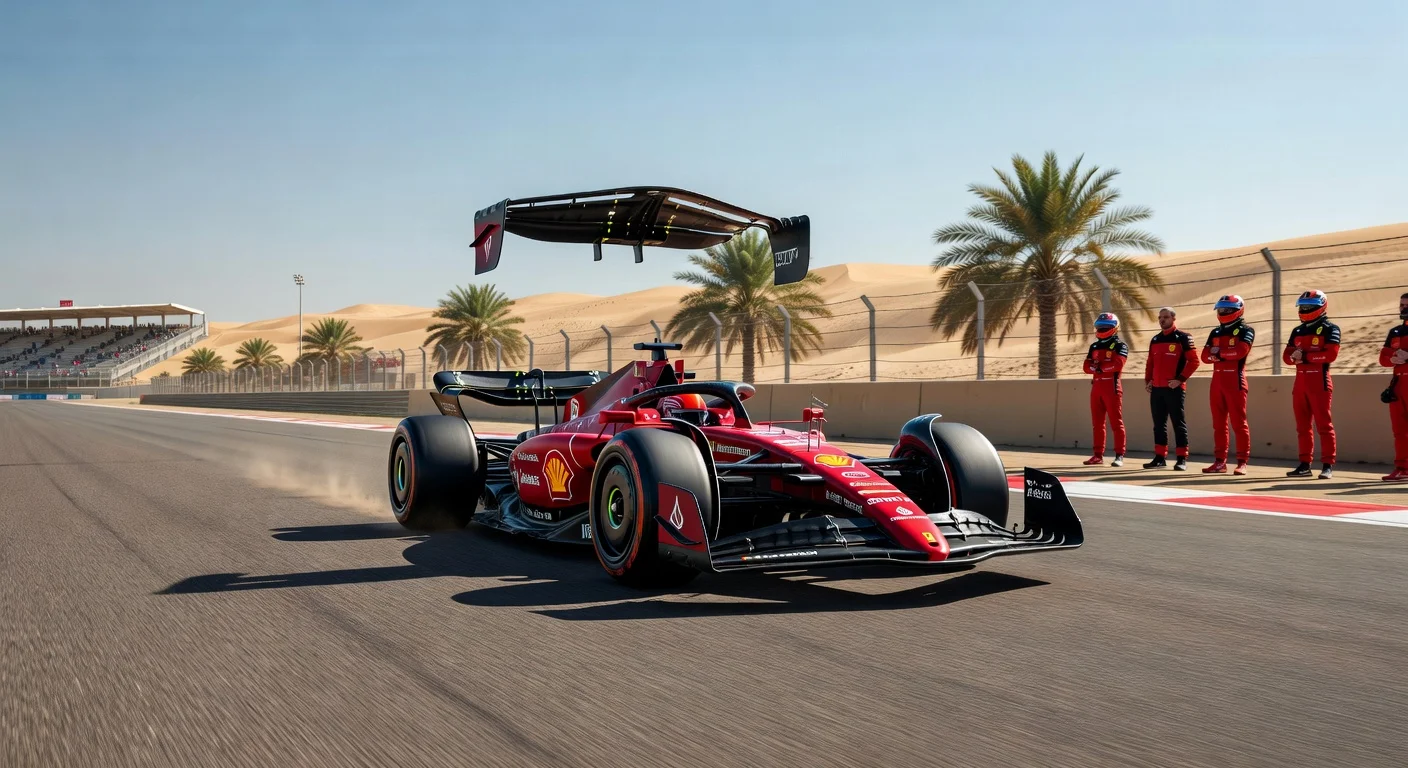 Lewis Hamilton pilots Ferrari F1 car featuring 180-degree rotating rear wing during Bahrain pre-season testing.