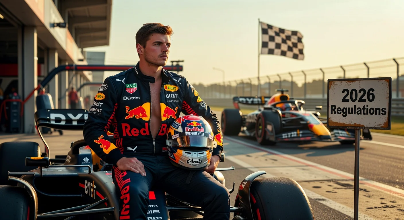 Max Verstappen, F1 champion, looks contemplative beside his Red Bull car with subtle 2026 rules and retirement hints in the background.