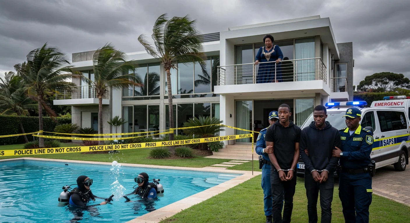 Crime scene at Robert Mugabe son's Johannesburg mansion: police divers search pool for gun after gardener shooting; suspects arrested.