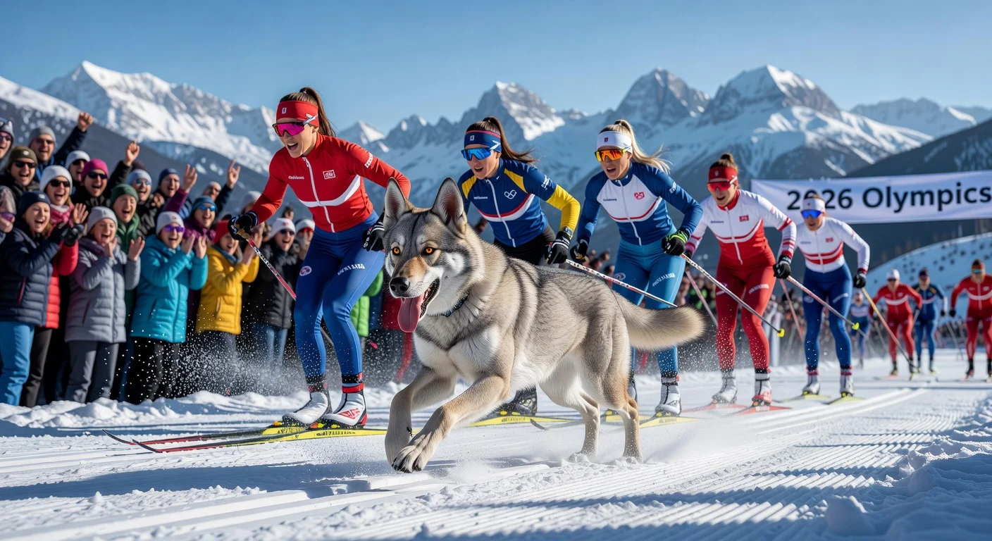 Czechoslovakian Wolfdog Nazgul races alongside female skiers at the finish line of the women's team sprint qualification during the 2026 Winter Olympics in Tesero, Italy.