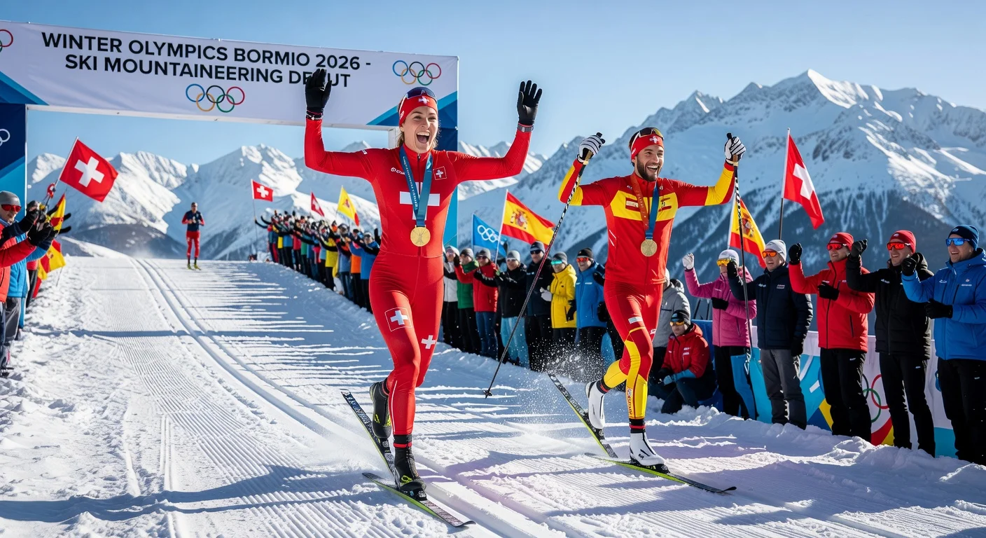 Swiss Marianne Fatton and Spanish Oriol Cardona Coll celebrate gold medals in ski mountaineering's Olympic debut sprint events in Bormio, Italy.