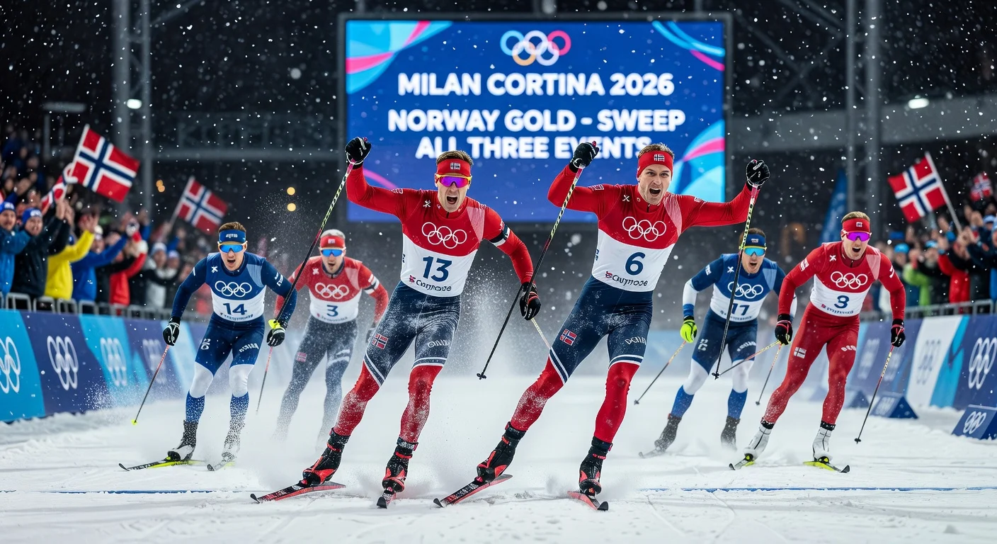 Norway's Nordic combined skiers Oftebro and Skoglund celebrate team sprint gold in heavy snow at 2026 Winter Olympics, photo finish over Finland.