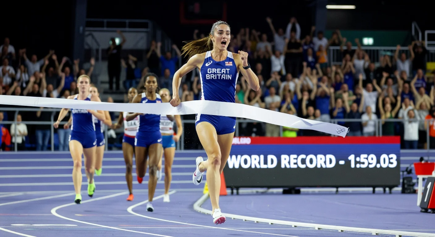 Keely Hodgkinson surges across the finish line to set a new women's indoor 800m world record in Liévin, France.