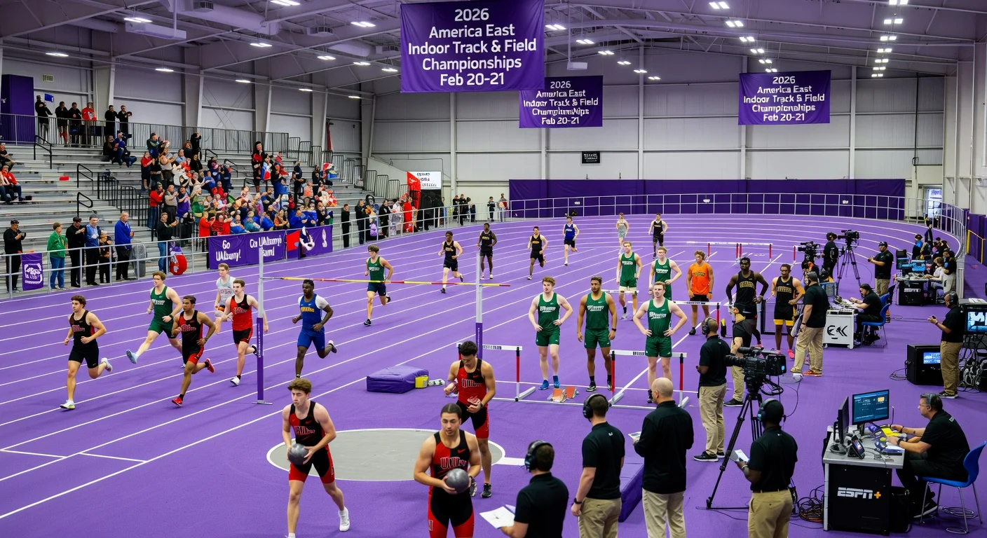 Athletes from UAlbany and rival teams warming up at Boston University's indoor track for the 2026 America East Championships.
