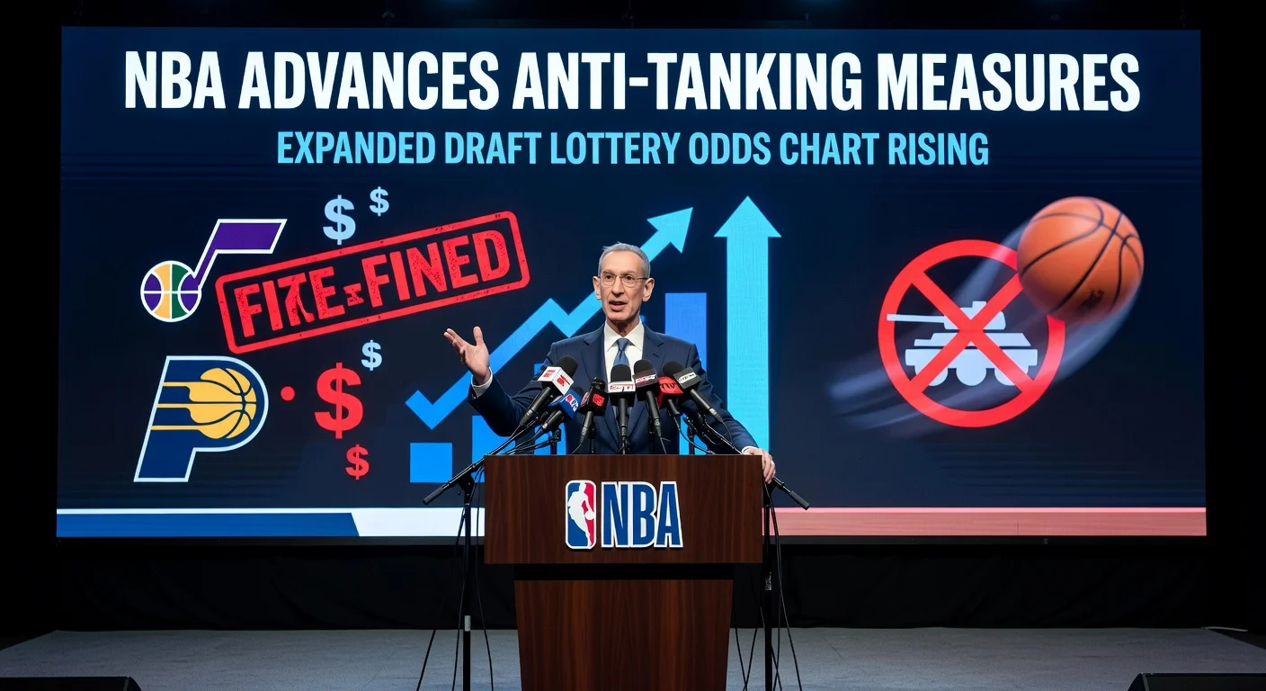 NBA Commissioner Adam Silver at podium announcing anti-tanking measures with visuals of fined Jazz and Pacers teams and draft lottery reforms.