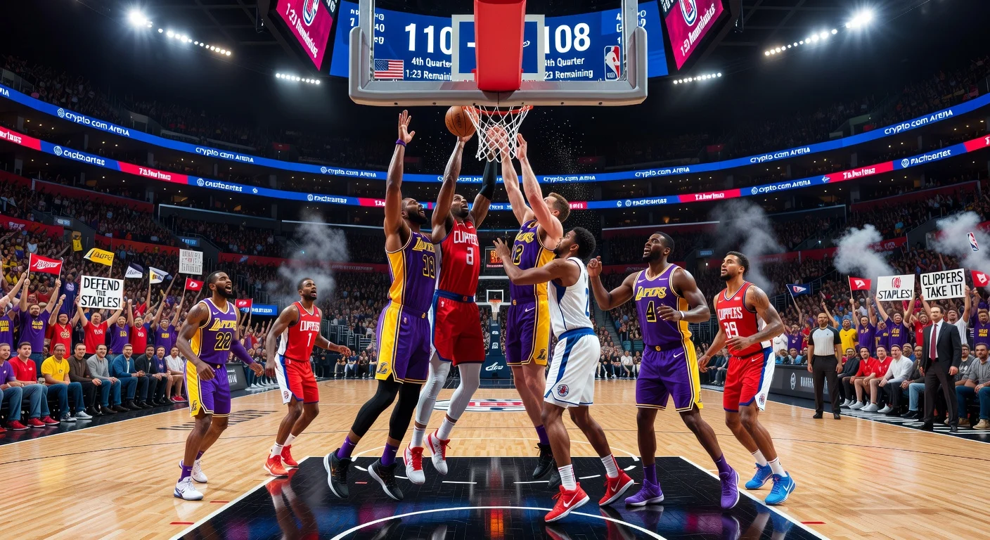 Dynamic action shot of Lakers vs. Clippers NBA rivalry game at Crypto.com Arena, players fighting for rebound amid cheering crowd.