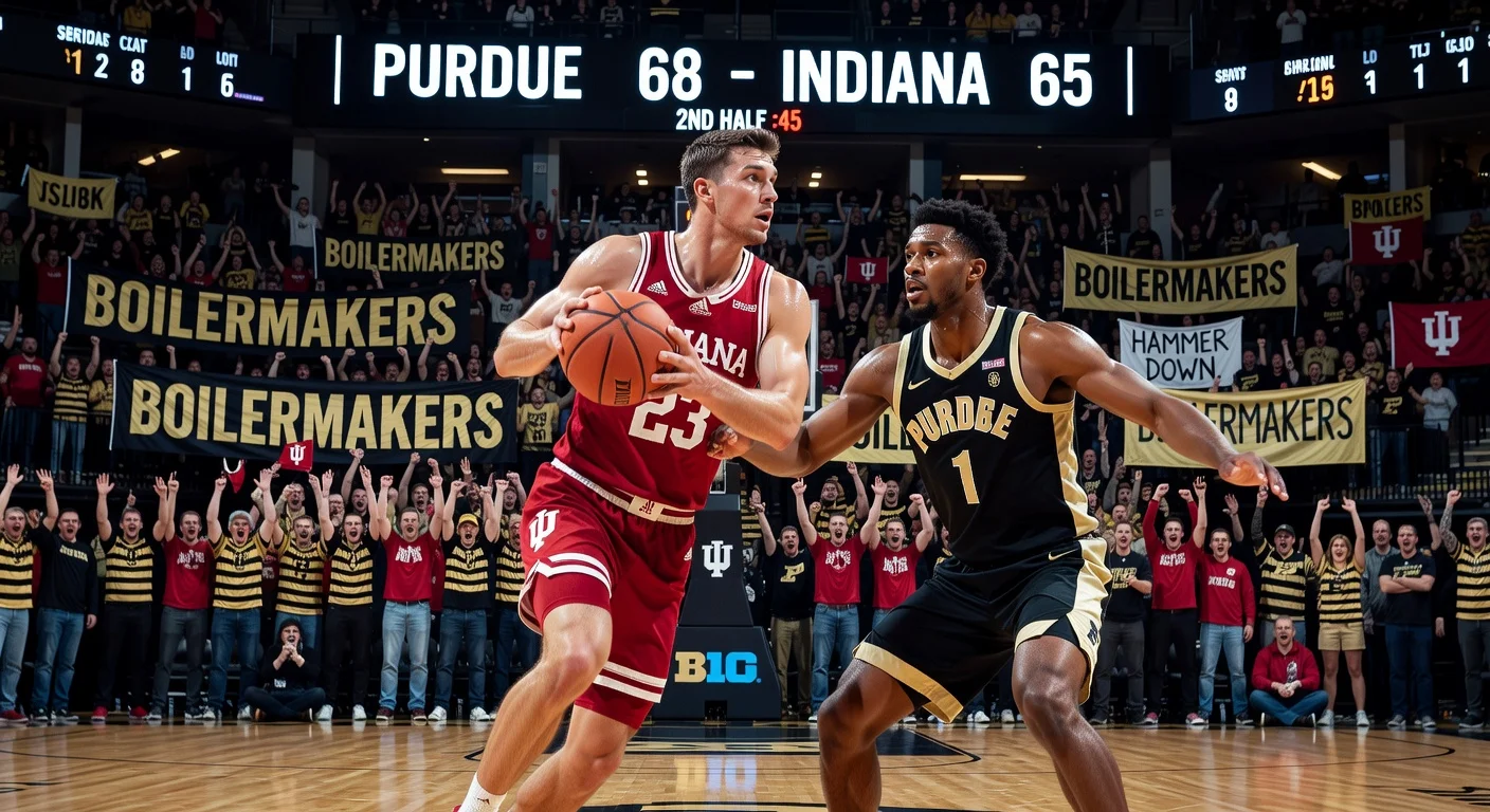 Action shot of Indiana Hoosiers vs. No. 7 Purdue Boilermakers in Big Ten rivalry basketball game at Purdue's arena, with players battling on court and excited crowd.