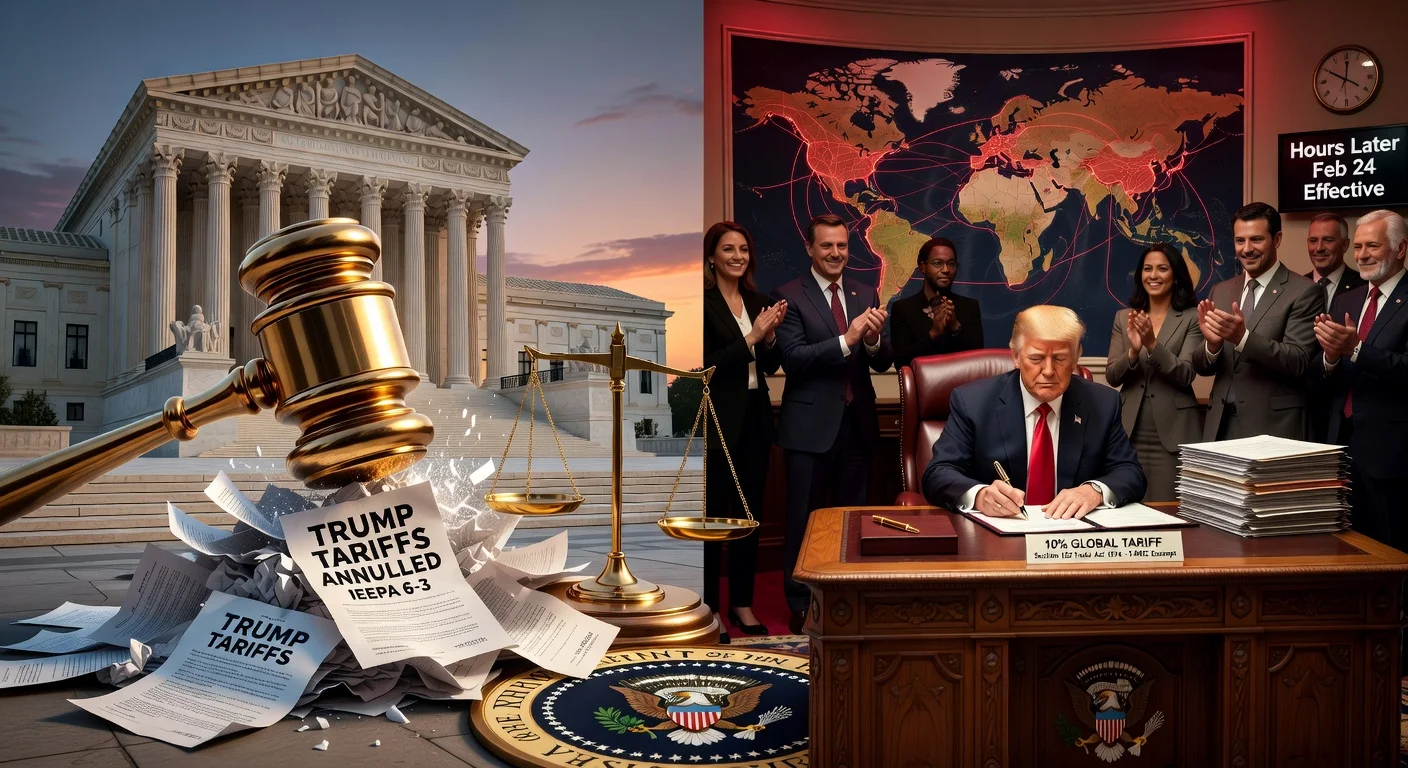 Split-image illustration of US Supreme Court annulling Trump tariffs and Trump immediately imposing a new 10% global tariff.