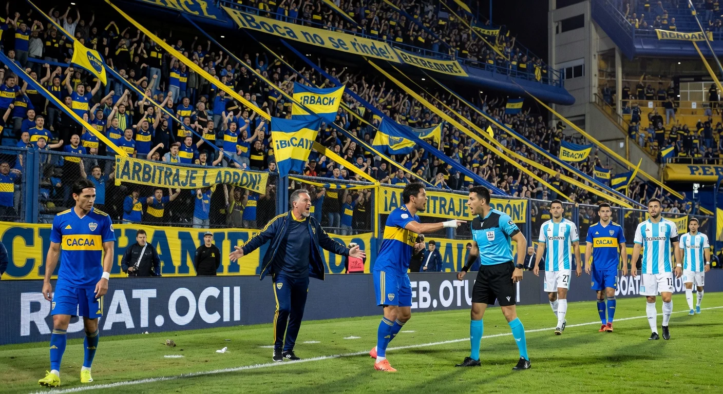 Boca Juniors fans boo dejected players including Cavani after goalless draw with Racing at La Bombonera, amid referee dispute.