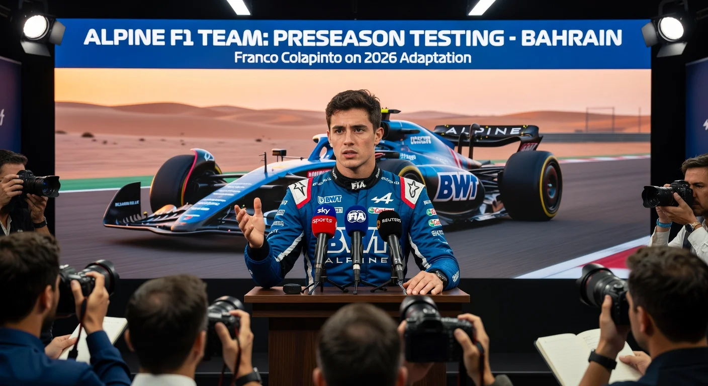 Franco Colapinto speaking at Formula 1 preseason press conference in Bahrain, wearing Alpine racing suit.