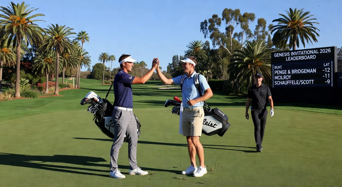 Golfers Marco Penge and Jacob Bridgeman celebrate leading the Genesis Invitational at 12-under, with Rory McIlroy one stroke back on the Riviera course.