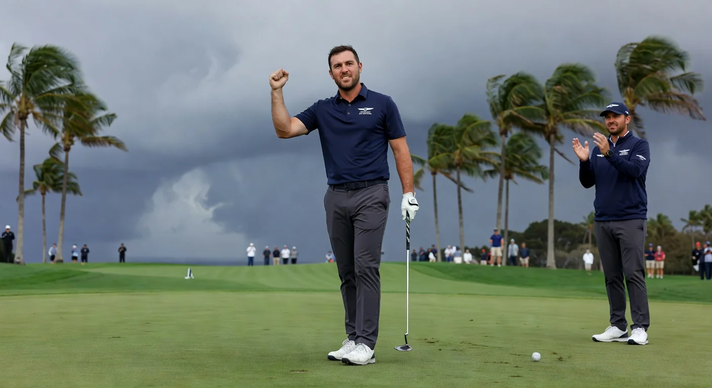 Scottie Scheffler celebrates making the cut at even par on the 18th green at the Genesis Invitational, defying tough weather and a rough start.