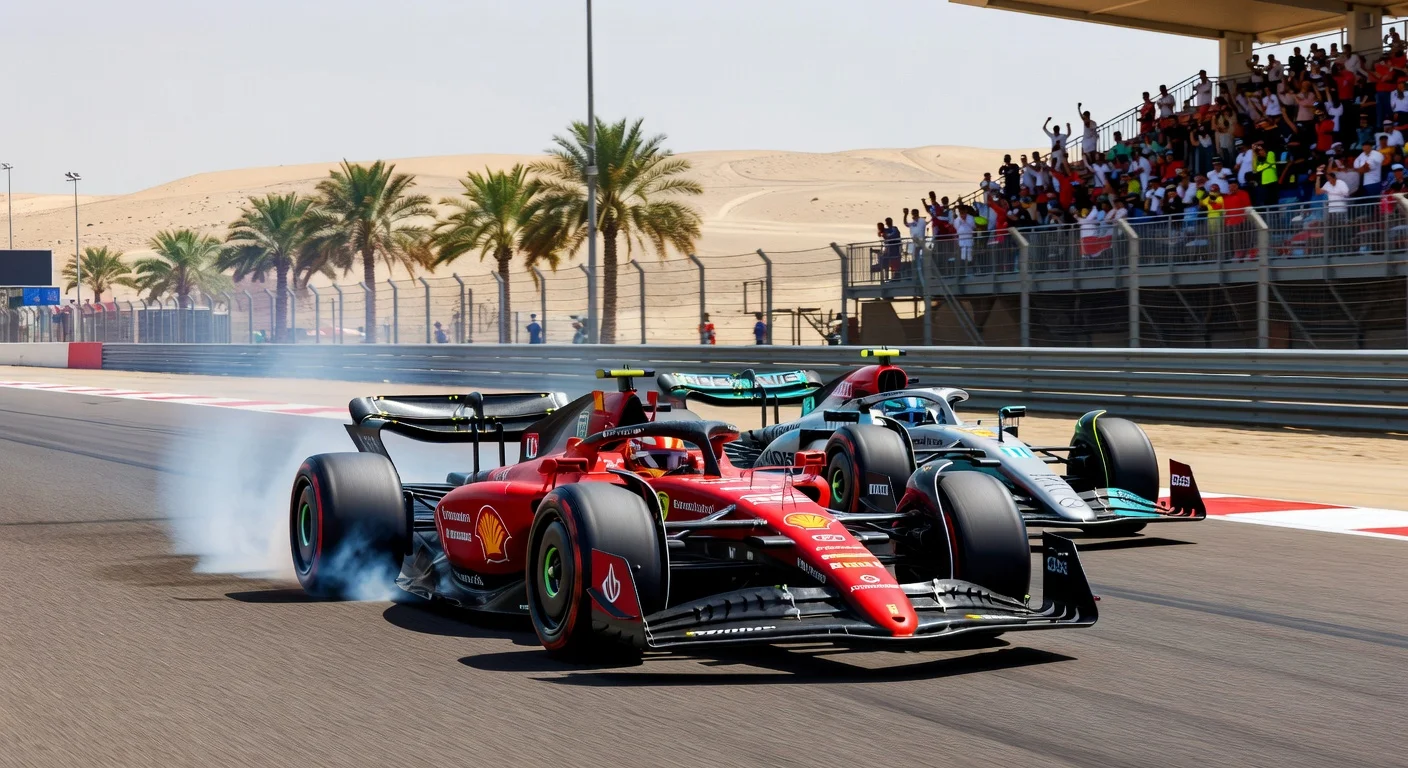 Charles Leclerc in leading Ferrari SF-26 speeds ahead of Mercedes during Bahrain F1 2026 pre-season testing.
