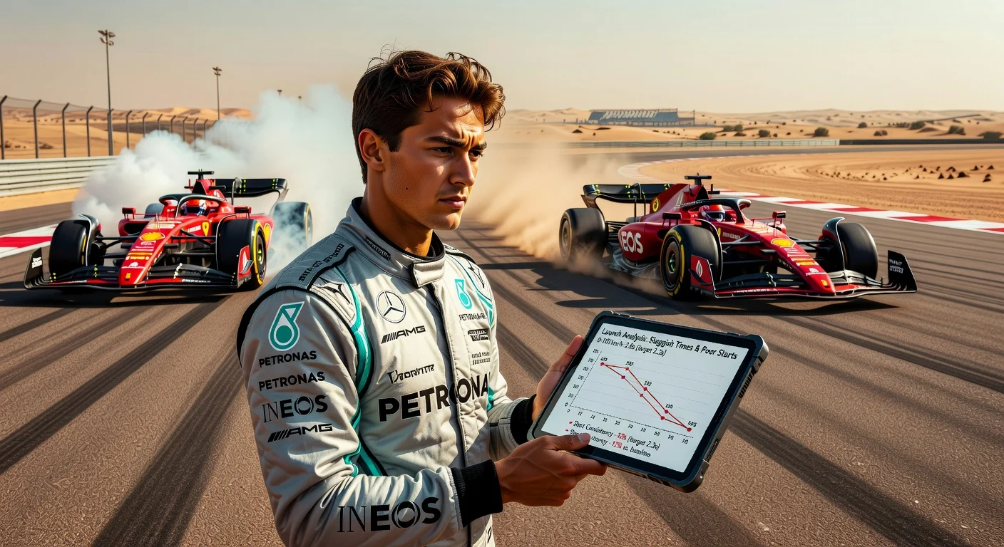 George Russell looks concerned at poor Mercedes starts data during 2026 F1 Bahrain testing, with Ferrari's Hamilton and Leclerc shining.