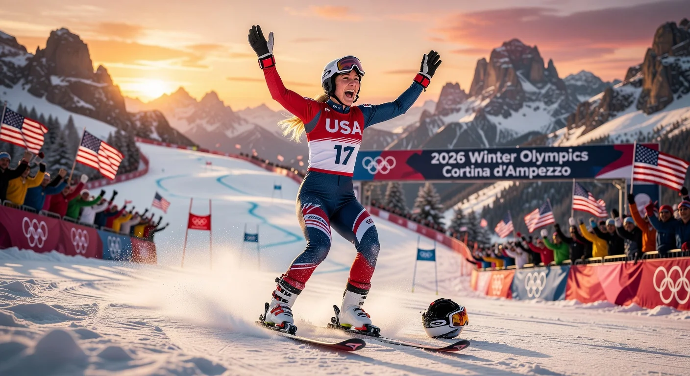 Mikaela Shiffrin celebrates emotional gold medal win in women's slalom at 2026 Winter Olympics.