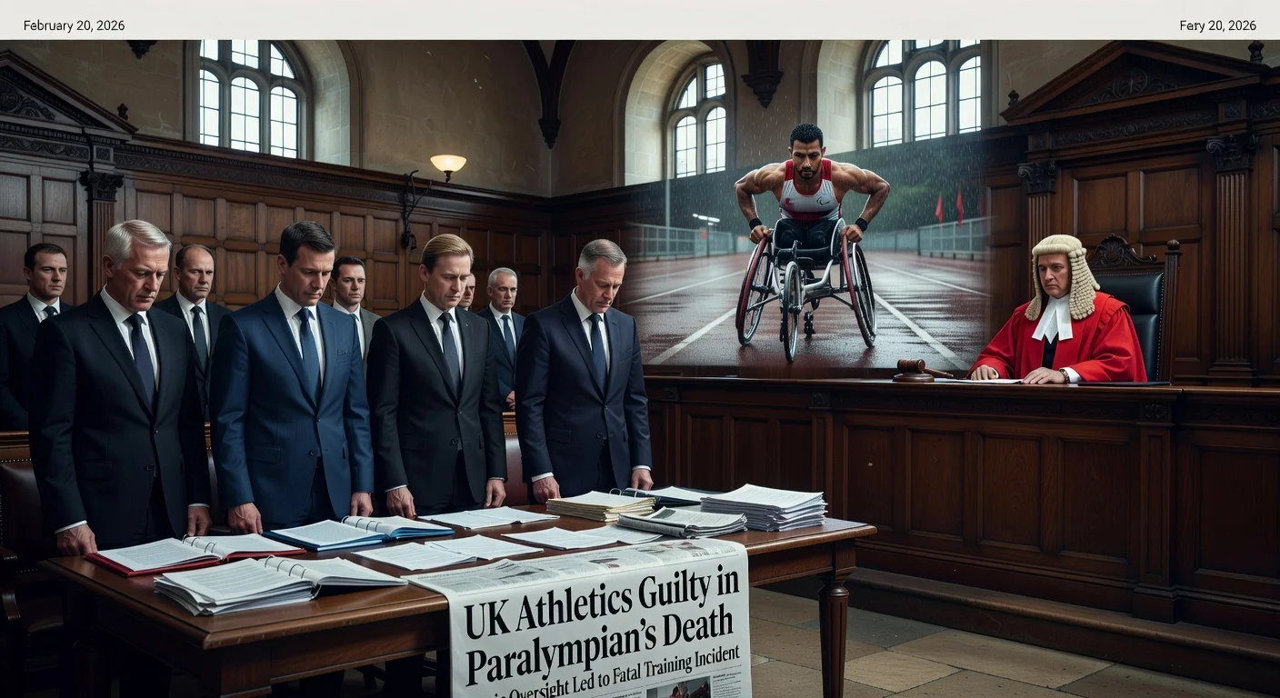 Old Bailey courtroom scene depicting UK Athletics' guilty plea to corporate manslaughter in the 2017 death of Paralympian Abdullah Hayayei.