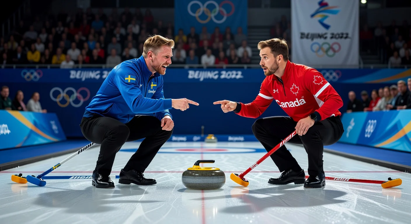 Dramatic illustration of Swedish curler accusing Canadian rival of cheating during Olympic curling match.