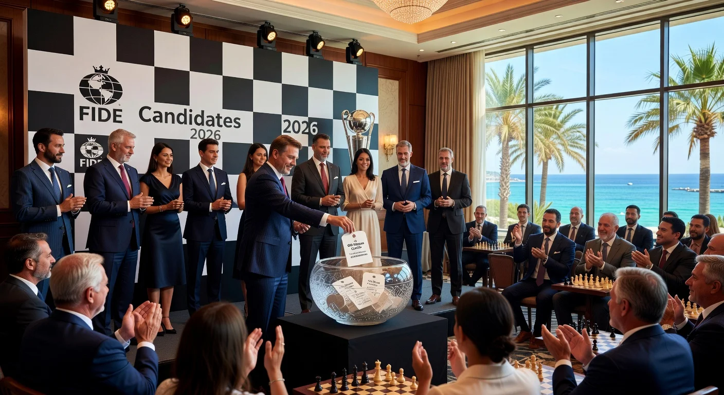 Drawing of lots ceremony for FIDE Candidates Tournaments 2026 at Cap St George's Hotel in Cyprus, with officials pulling player names amid chess-themed backdrop.