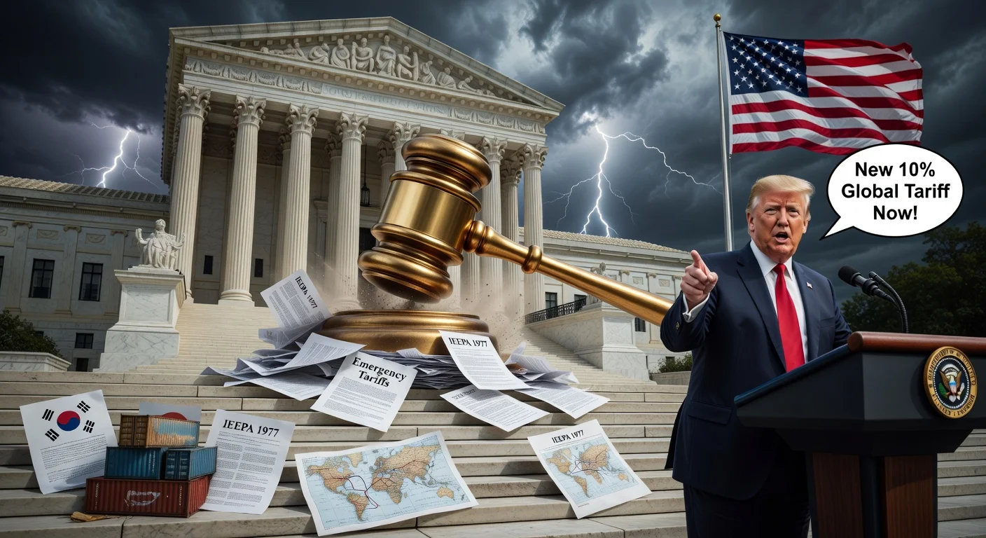 Dramatic illustration of US Supreme Court invalidating Trump's emergency tariffs, as he announces a new global 10% tariff.