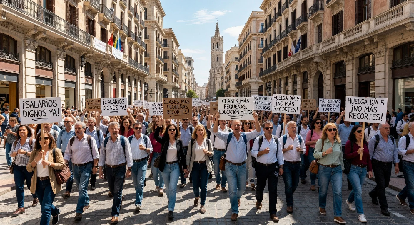 Thousands of teachers marching in Valencia during their strike, holding signs for better pay and school conditions.