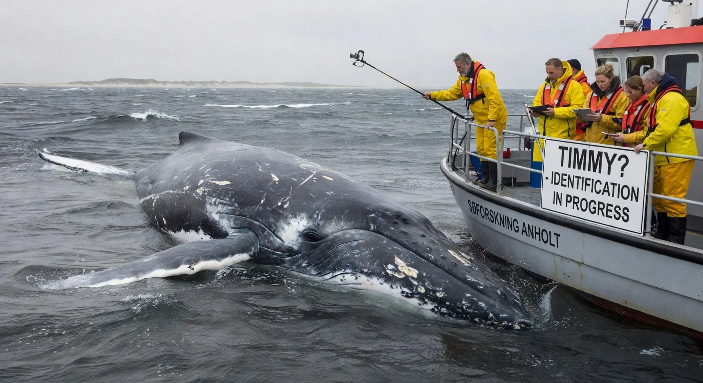 Researchers examining a dead whale carcass off Anholt island to identify if it's humpback whale Timmy