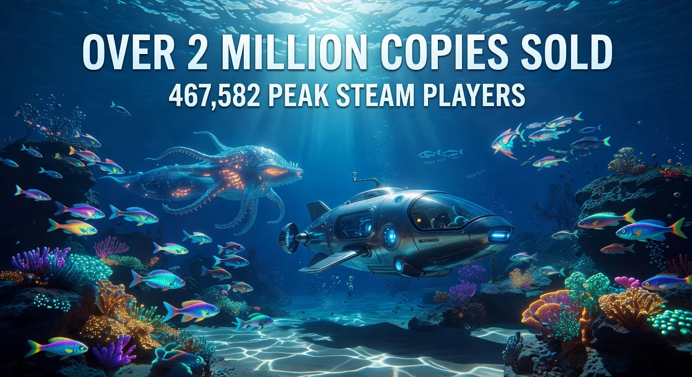 News illustration of Subnautica 2 achieving over 2 million sales shortly after early access launch, featuring underwater game scene with sales stats.