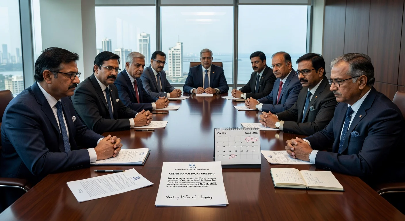 News illustration depicting the deferral of Tata Trusts board meeting following a charity commissioner's order.