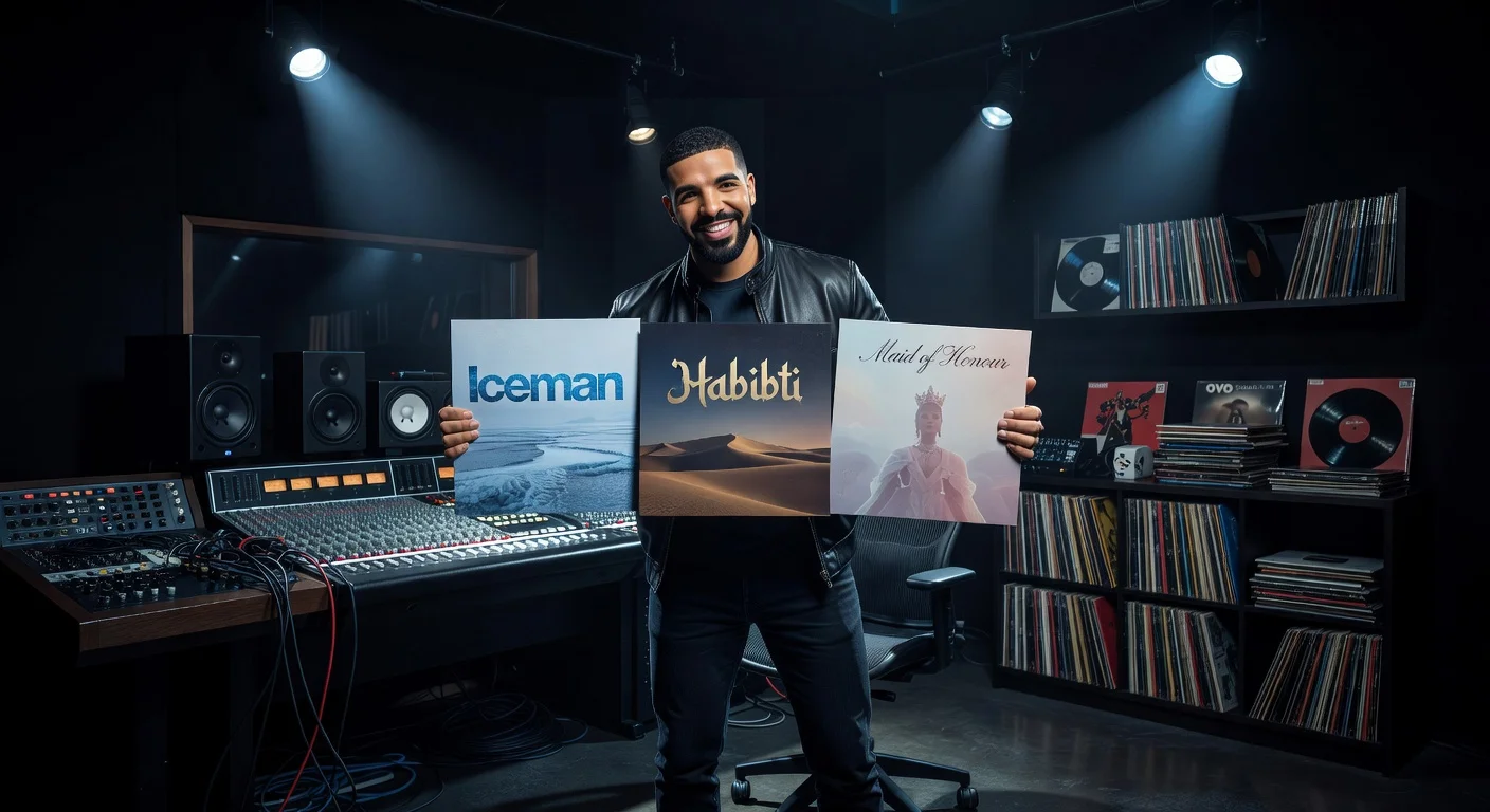 Drake holding three new album covers in a recording studio, photorealistic news illustration.