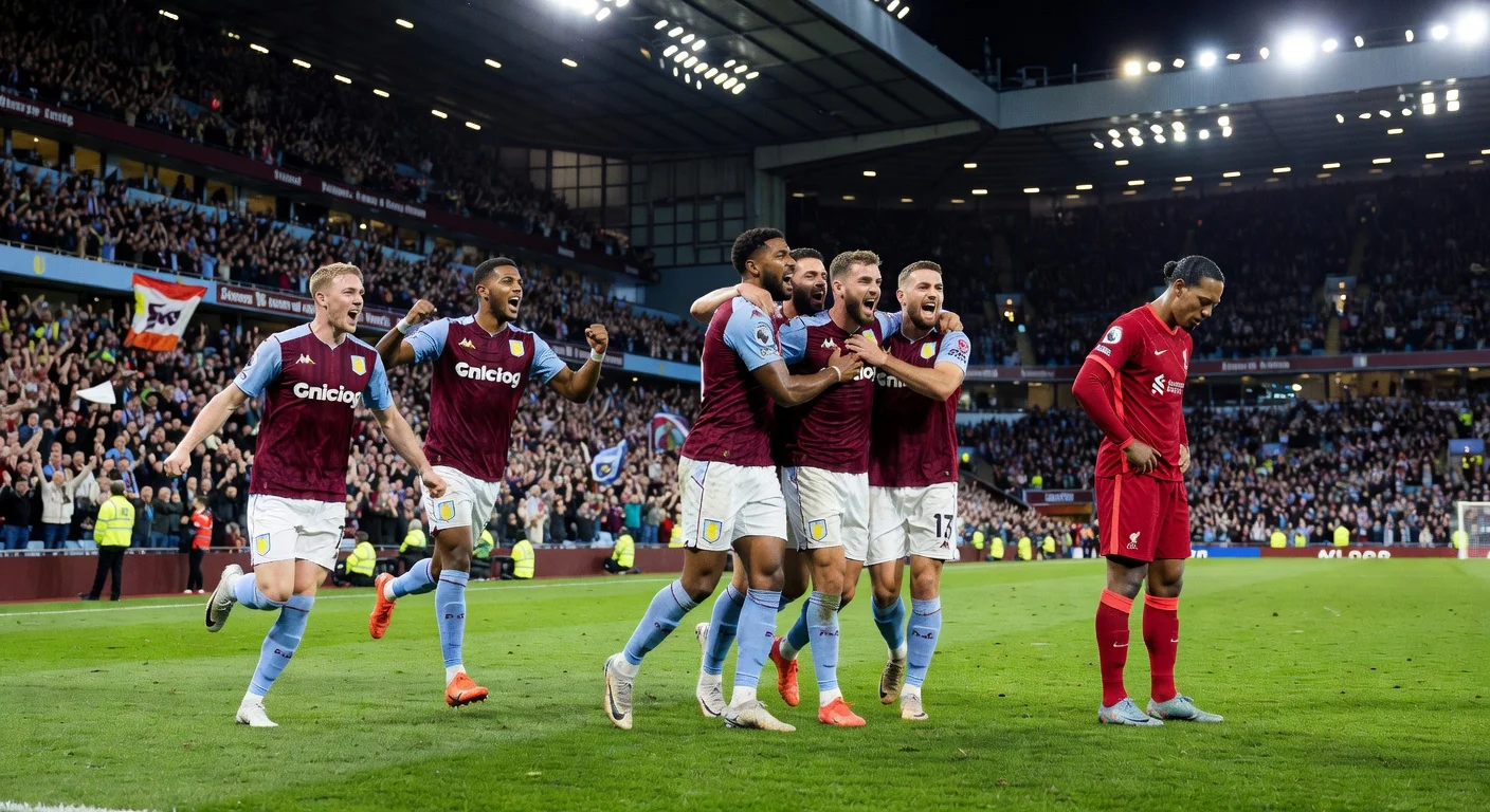 Aston Villa players celebrating their 4-2 victory over Liverpool at Villa Park stadium.