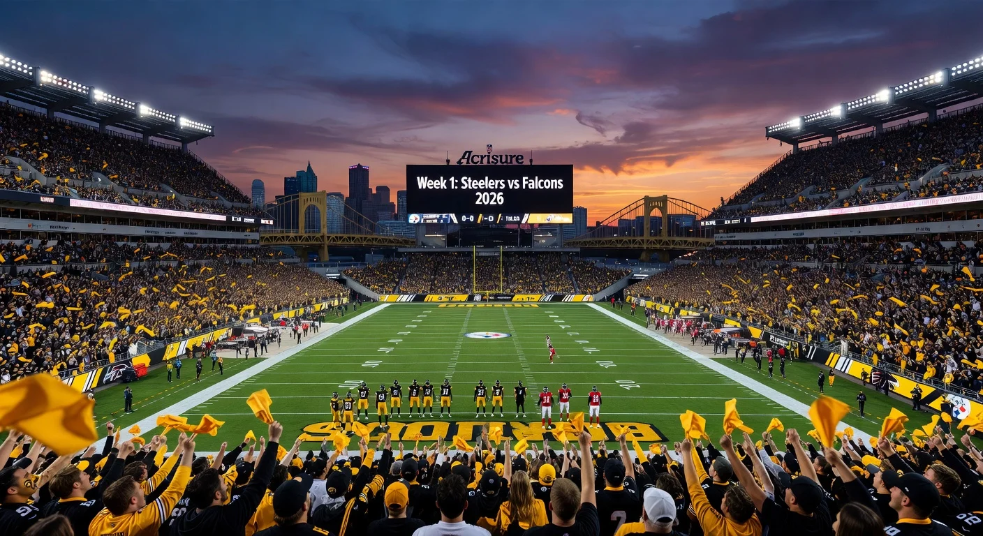 Realistic illustration of the Pittsburgh Steelers facing the Atlanta Falcons in their 2026 NFL home opener at Acrisure Stadium.