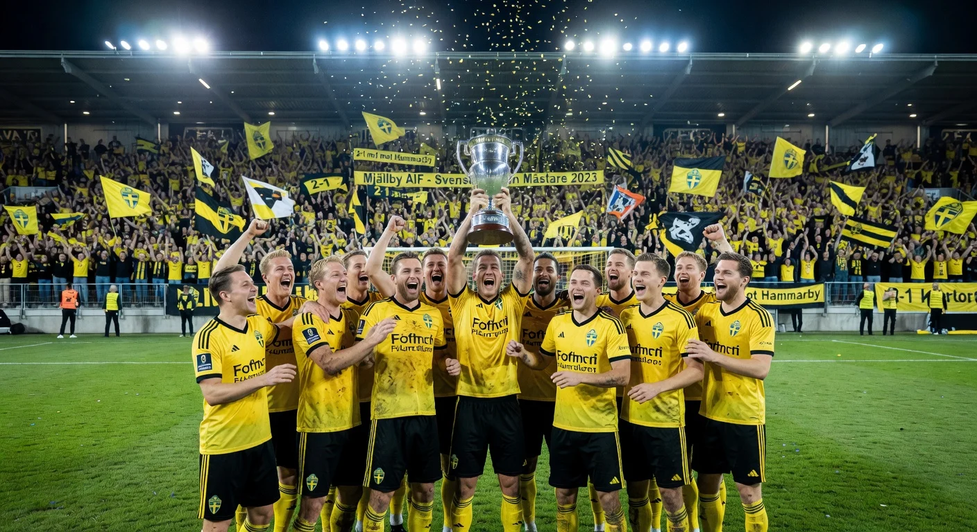 Mjällby AIF players celebrating their Swedish Cup title win at Strawberry Arena.