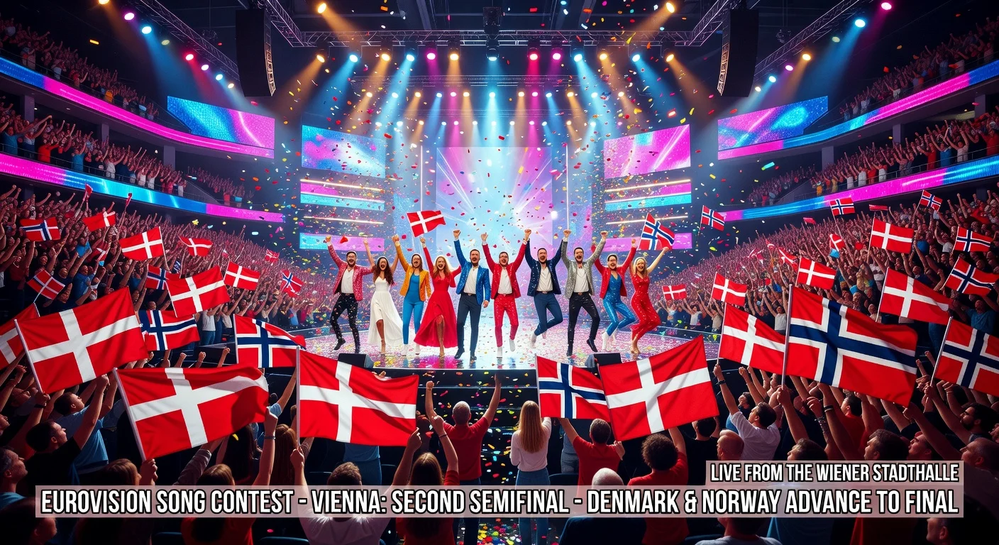 Crowd celebrating Denmark and Norway advancing in Eurovision semifinal in Vienna