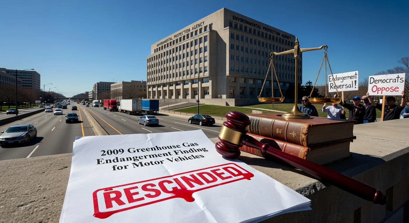 EPA building with stamped 'RESCINDED' document on 2009 GHG finding, gavel for legal battles, and highway traffic, depicting regulatory rollback.